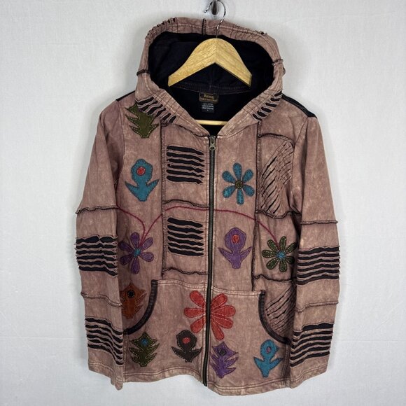 Rising International Tops - Rising International Boho Patchwork Zip Hoodie Jacket L Nepal Floral Applique
